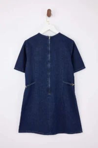 TRENDYOLMİLLA Mavi Draped Accessory Detailed Mini 100% Cotton Denim Dress - Image 7
