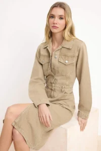 TRENDYOLMİLLA Beige Shirt Collar Maxi denim Dress