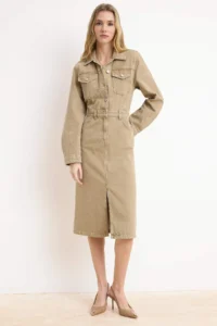 TRENDYOLMİLLA Beige Shirt Collar Maxi denim Dress - Image 2