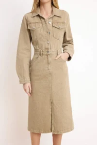TRENDYOLMİLLA Beige Shirt Collar Maxi denim Dress - Image 3