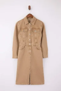 TRENDYOLMİLLA Beige Shirt Collar Maxi denim Dress - Image 5