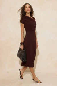 TRENDYOLMİLLA Brown A-Kesim/Life Form Drop Sleeve Short Sleeve Shirred Midi Flexible Knitting Dress - Image 2