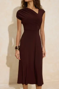 TRENDYOLMİLLA Brown A-Kesim/Life Form Drop Sleeve Short Sleeve Shirred Midi Flexible Knitting Dress - Image 3
