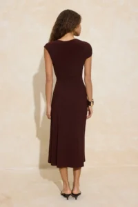 TRENDYOLMİLLA Brown A-Kesim/Life Form Drop Sleeve Short Sleeve Shirred Midi Flexible Knitting Dress - Image 4