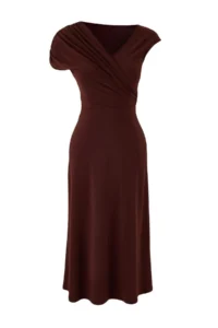 TRENDYOLMİLLA Brown A-Kesim/Life Form Drop Sleeve Short Sleeve Shirred Midi Flexible Knitting Dress - Image 5