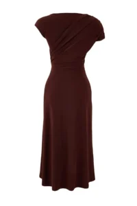 TRENDYOLMİLLA Brown A-Kesim/Life Form Drop Sleeve Short Sleeve Shirred Midi Flexible Knitting Dress - Image 6