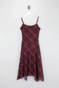 TRENDYOLMİLLA Burgundy Plaid Asymmetric Cowl Neck Thin Sleeveless Sleeveless Midi Tulle Knitting Dress