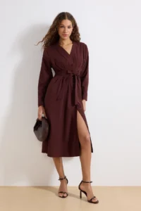 TRENDYOLMİLLA Brown Belted buttoned Midi Weaving Shirt Dress