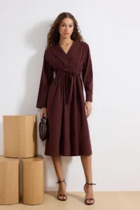 TRENDYOLMİLLA Brown Belted buttoned Midi Weaving Shirt Dress - Image 2