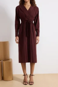 TRENDYOLMİLLA Brown Belted buttoned Midi Weaving Shirt Dress - Image 3