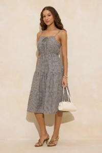 TRENDYOLMİLLA Khaki Plaid/Checkered Binding Detailed Midi Weaving Dress - Image 2