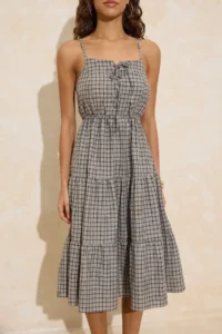 TRENDYOLMİLLA Khaki Plaid/Checkered Binding Detailed Midi Weaving Dress - Image 3