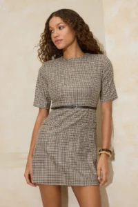 TRENDYOLMİLLA Beige Plaid/Checkered Arched Short/Mini Weaving Dress
