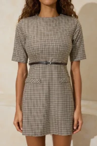 TRENDYOLMİLLA Beige Plaid/Checkered Arched Short/Mini Weaving Dress - Image 3