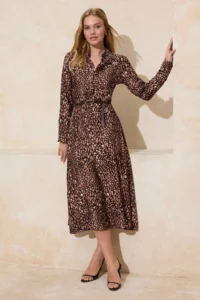 TRENDYOLMİLLA Brown animals pattern Arched Midi Weaving Shirt Dress - Image 2
