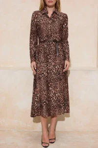 TRENDYOLMİLLA Brown animals pattern Arched Midi Weaving Shirt Dress - Image 3