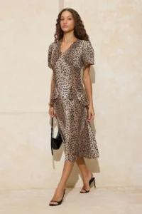 TRENDYOLMİLLA Multicolored animals pattern Ruffle and Binding Detailed Midi Weaving Dress