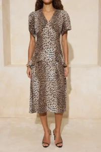 TRENDYOLMİLLA Multicolored animals pattern Ruffle and Binding Detailed Midi Weaving Dress - Image 3