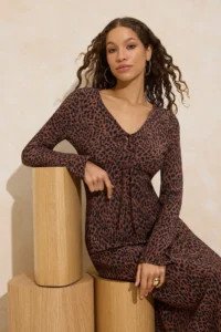TRENDYOLMİLLA Multicolored animals Binding Detailed Midi Weaving Dress