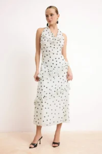 TRENDYOLMİLLA Ecru Polka Dot Frilly Midi Lined Weaving Dress