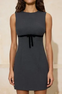TRENDYOLMİLLA Gray with bow Mini polyviscone Weaving Dress - Image 3