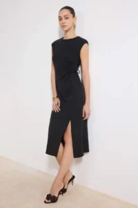 TRENDYOLMİLLA Black Binding Detailed Midi Weaving Dress - Image 2