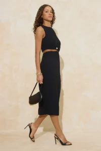 TRENDYOLMİLLA Black Accessory Detailed Lined Cut Outlu Midi Weaving Dress - Image 2