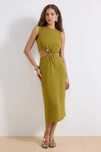 TRENDYOLMİLLA Oil Green Accessory Detailed Lined Cut Out Midi Weaving Dress - Image 2