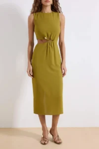 TRENDYOLMİLLA Oil Green Accessory Detailed Lined Cut Out Midi Weaving Dress - Image 3