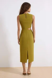 TRENDYOLMİLLA Oil Green Accessory Detailed Lined Cut Out Midi Weaving Dress - Image 4