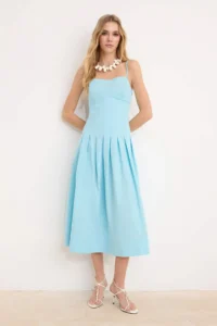 TRENDYOLMİLLA Light Blue Plain Midi Weaving Dress