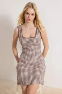 TRENDYOLMİLLA Brown Plaid / Checkered Lace Detailed Short / Mini Weaving Dress - Image 2