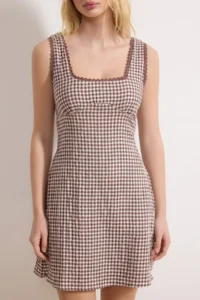 TRENDYOLMİLLA Brown Plaid / Checkered Lace Detailed Short / Mini Weaving Dress - Image 3