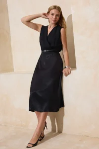TRENDYOLMİLLA Black Arched Satin Midi Weaving Dress - Image 2