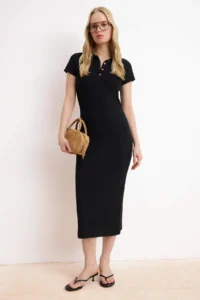 TRENDYOLMİLLA Black bodycon Polo Shirt Collar Moon Arm Short Sleeve Midi Ribbed Flexible Knitting Dress