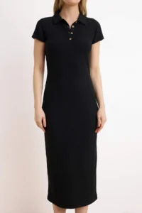 TRENDYOLMİLLA Black bodycon Polo Shirt Collar Moon Arm Short Sleeve Midi Ribbed Flexible Knitting Dress - Image 3