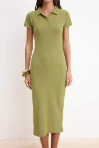 TRENDYOLMİLLA Oil Green Fitted Polo Shirt Collar Short Sleeve Midi Ribbed Flexible Knitting Dress - Image 3