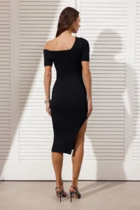 TRENDYOLMİLLA Black Asymmetric Yaka Plain Midi Knit Dress - Image 4