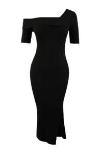 TRENDYOLMİLLA Black Asymmetric Yaka Plain Midi Knit Dress - Image 5