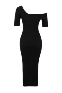 TRENDYOLMİLLA Black Asymmetric Yaka Plain Midi Knit Dress - Image 6