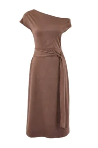 TRENDYOLMİLLA Brown A-Kesim/Life Form Off-Shoulder Neck Accessory Detailed Midi Suede Knitting Dress - Image 5