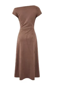 TRENDYOLMİLLA Brown A-Kesim/Life Form Off-Shoulder Neck Accessory Detailed Midi Suede Knitting Dress - Image 6