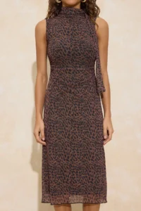 TRENDYOLMİLLA Brown animals A-Kesim/Life Form Dog collar Sleeveless Midi Tulle Knitting Dress - Image 3