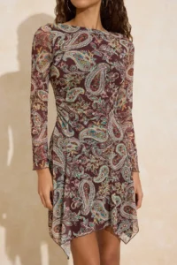 TRENDYOLMİLLA Multicolored Shawl pattern A-Kesim/Life Form Asymmetric Boat Neck Mini Tulle Knitting Dress - Image 3