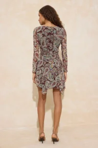 TRENDYOLMİLLA Multicolored Shawl pattern A-Kesim/Life Form Asymmetric Boat Neck Mini Tulle Knitting Dress - Image 4