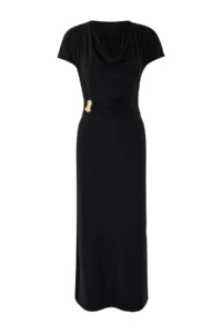 TRENDYOLMİLLA Black A-Kesim/Life Form Off-Shoulder Neck Accessory Detailed Maxi Flexible Knitting Dress - Image 5