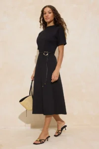 TRENDYOLMiLLA Black A-Cut/Life Form Dog collar Short Sleeve Arched Midi interlock Knitting Dress