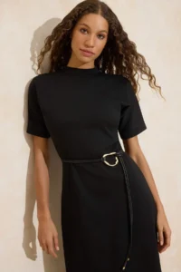 TRENDYOLMiLLA Black A-Cut/Life Form Dog collar Short Sleeve Arched Midi interlock Knitting Dress - Image 2