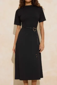 TRENDYOLMiLLA Black A-Cut/Life Form Dog collar Short Sleeve Arched Midi interlock Knitting Dress - Image 3