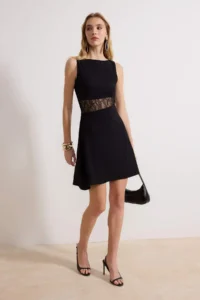 TRENDYOLMİLLA Black Waist Opening Boat Neck Sleeveless Lace Detailed Mini textured Knitting Dress - Image 2
